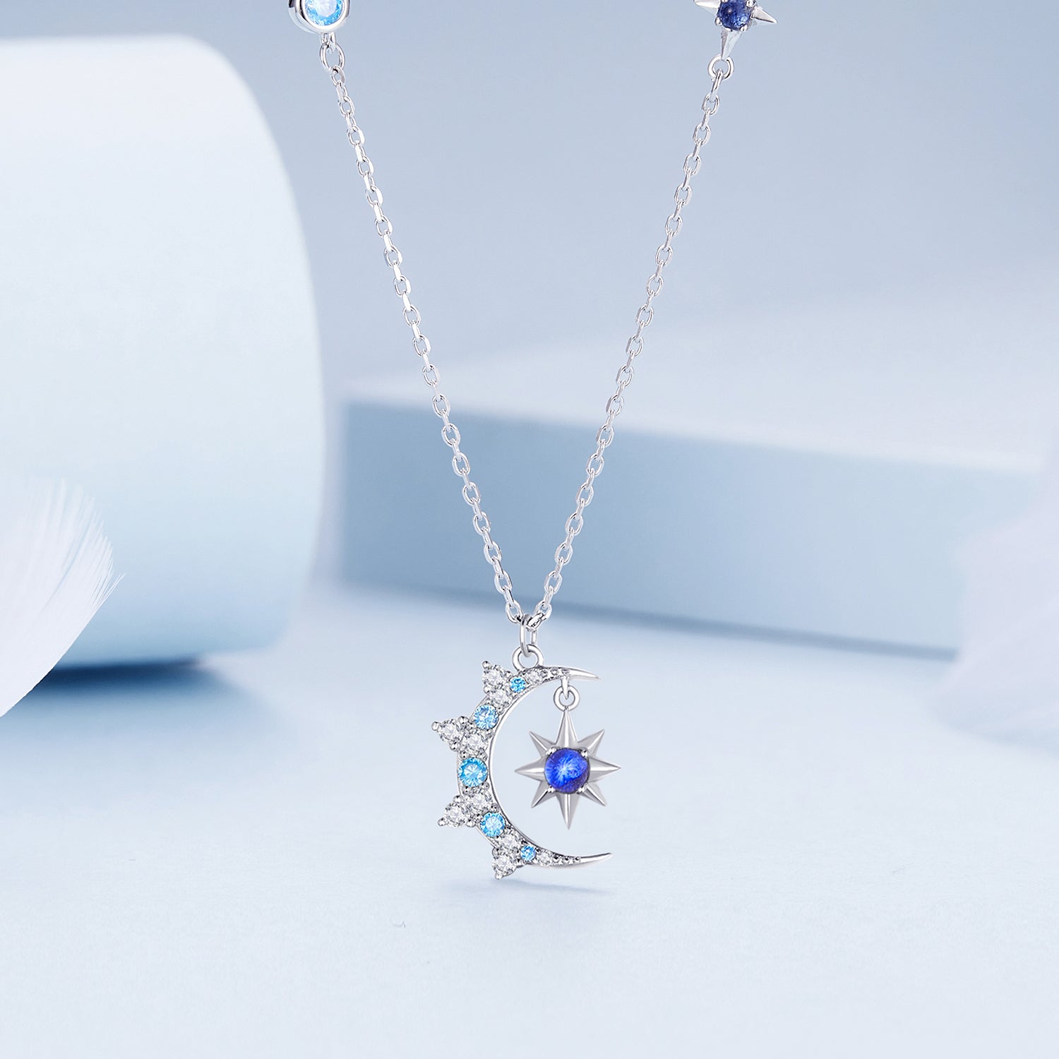 Silver Necklace Moon and Star Burst Pendant with Lobster Clasp For Sale - sursenso Necklaces