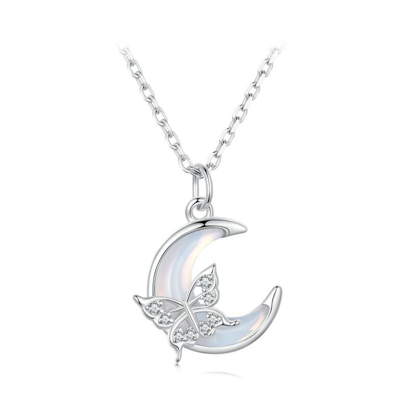Silver Necklace Moon Butterfly CZ Pendant with Lobster Clasp For Sale - sursenso Necklaces