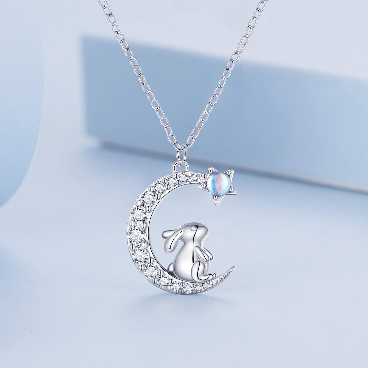 Silver Necklace Moon Rabbit Pendant with Lobster Clasp Adjustable For Sale - sursenso Necklaces