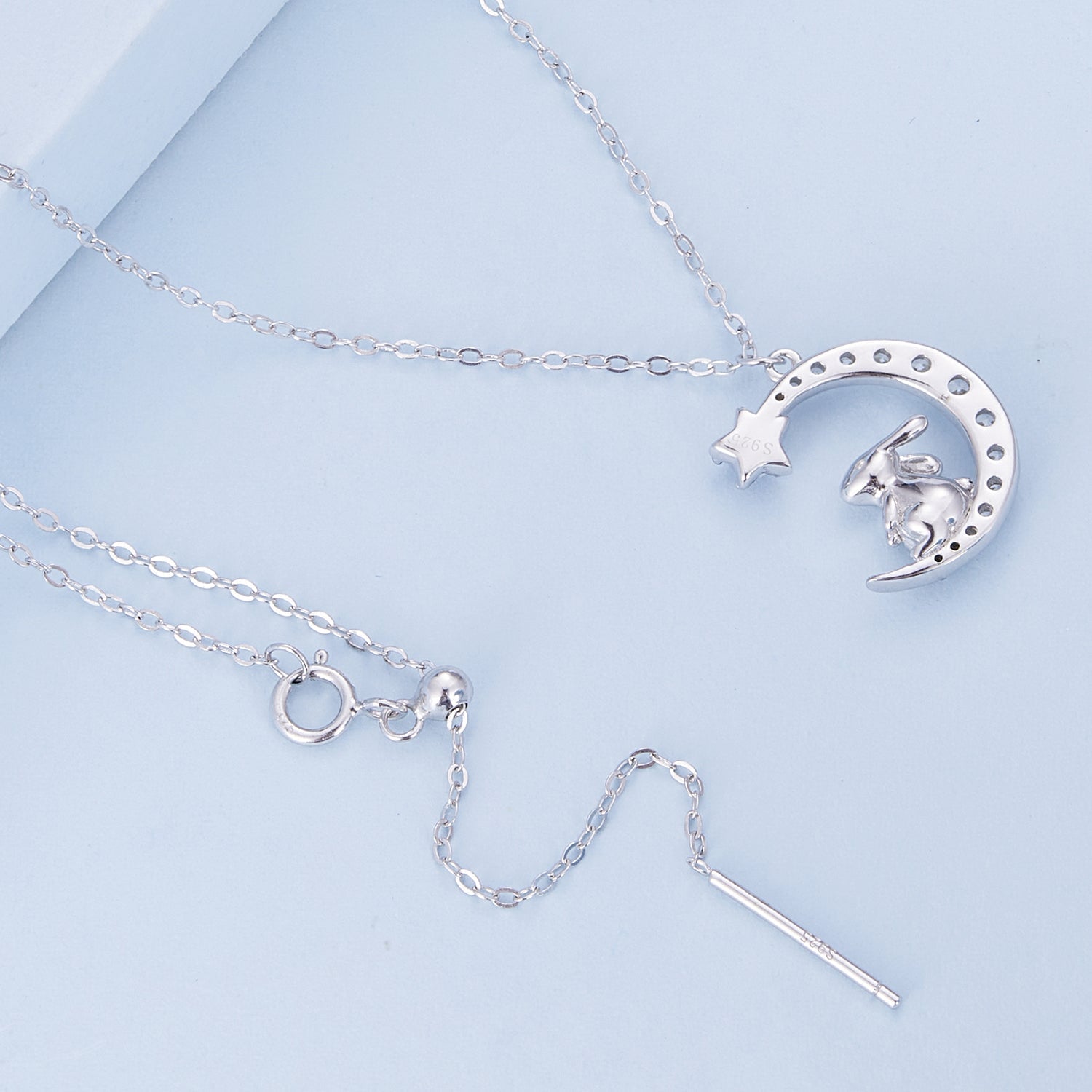 Silver Necklace Moon Rabbit Pendant with Lobster Clasp Adjustable For Sale - sursenso Necklaces
