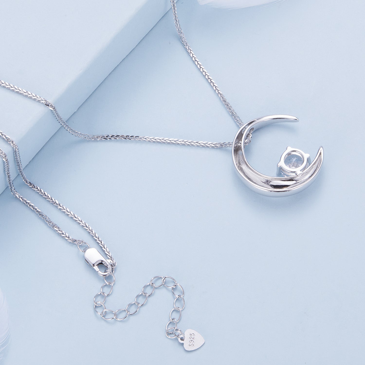 Silver Necklace Moon with CZ Pendant Necklace with Lobster Clasp For Sale - sursenso Necklaces