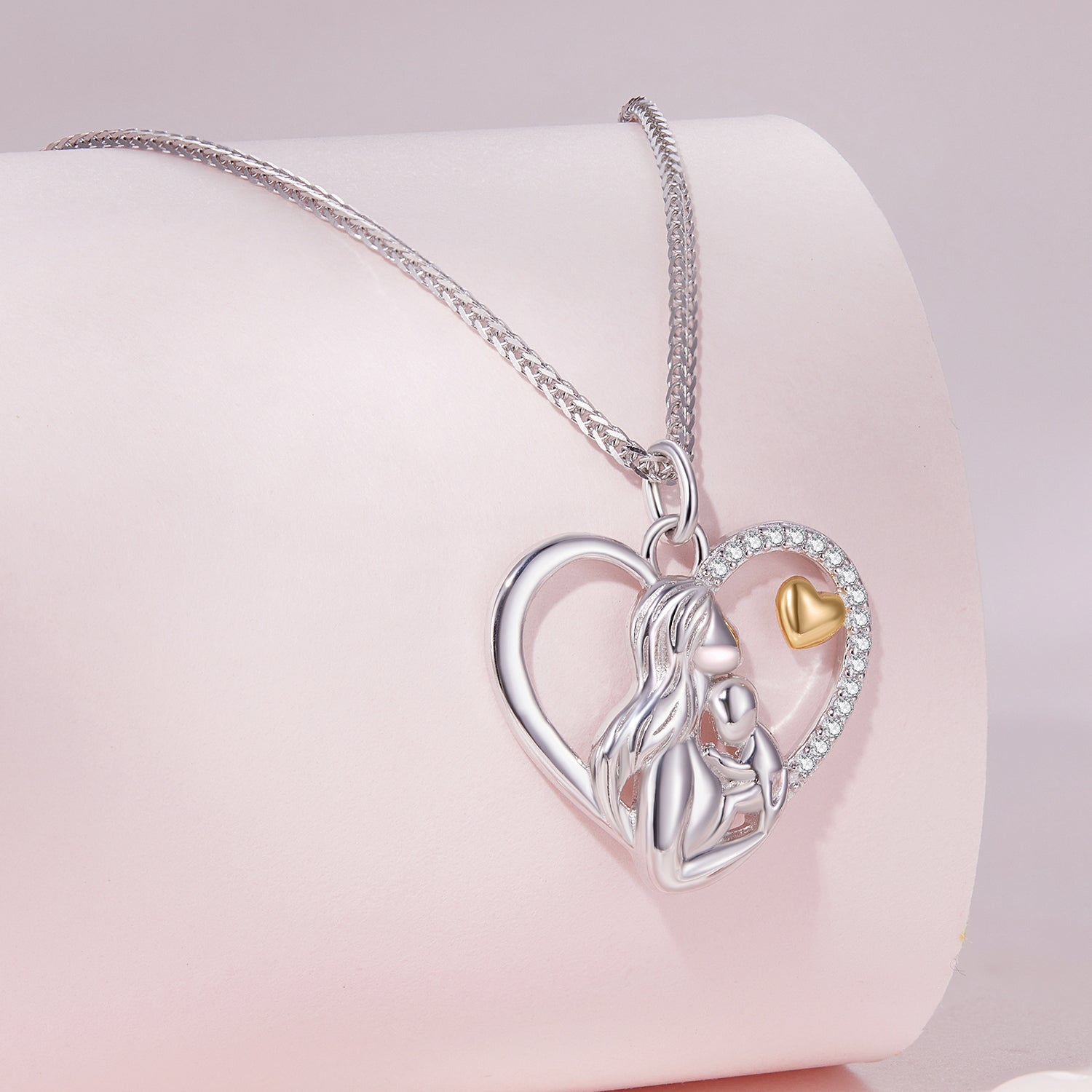 Silver Necklace Mother and Son Love Deeply CZ Pendant Necklace with Lobster Clasp For Sale - sursenso Necklaces