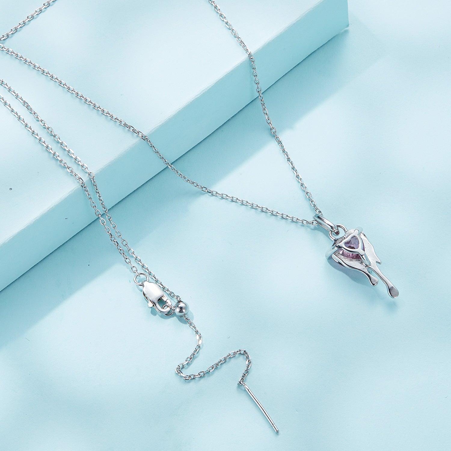 Silver Necklace Pink Floating Heart Pendant with Lobster Clasp Adjustable For Sale - sursenso Necklaces