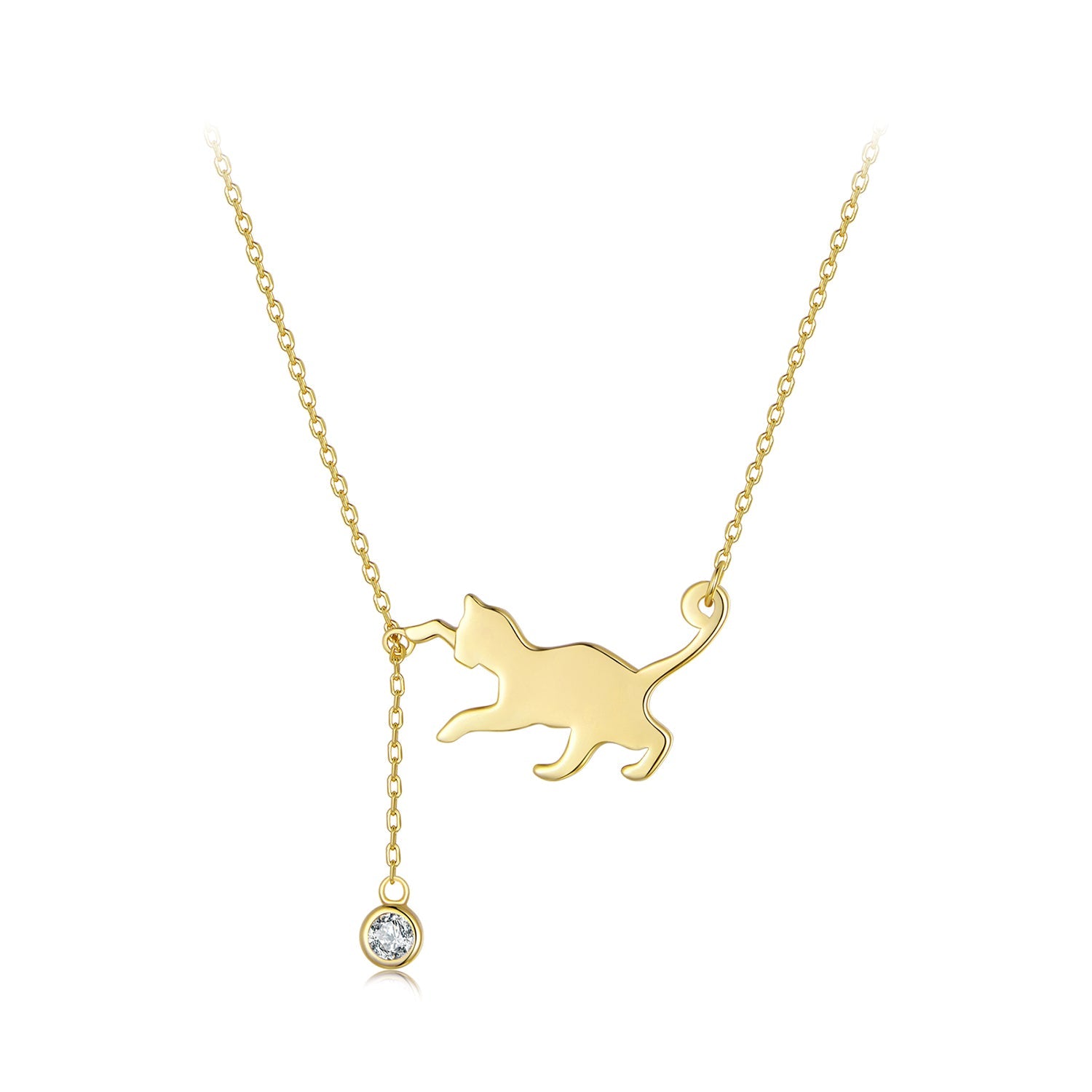 Silver Necklace Playful Cat Pendant CZ Necklace with Lobster Clasp For Sale - sursenso Necklaces
