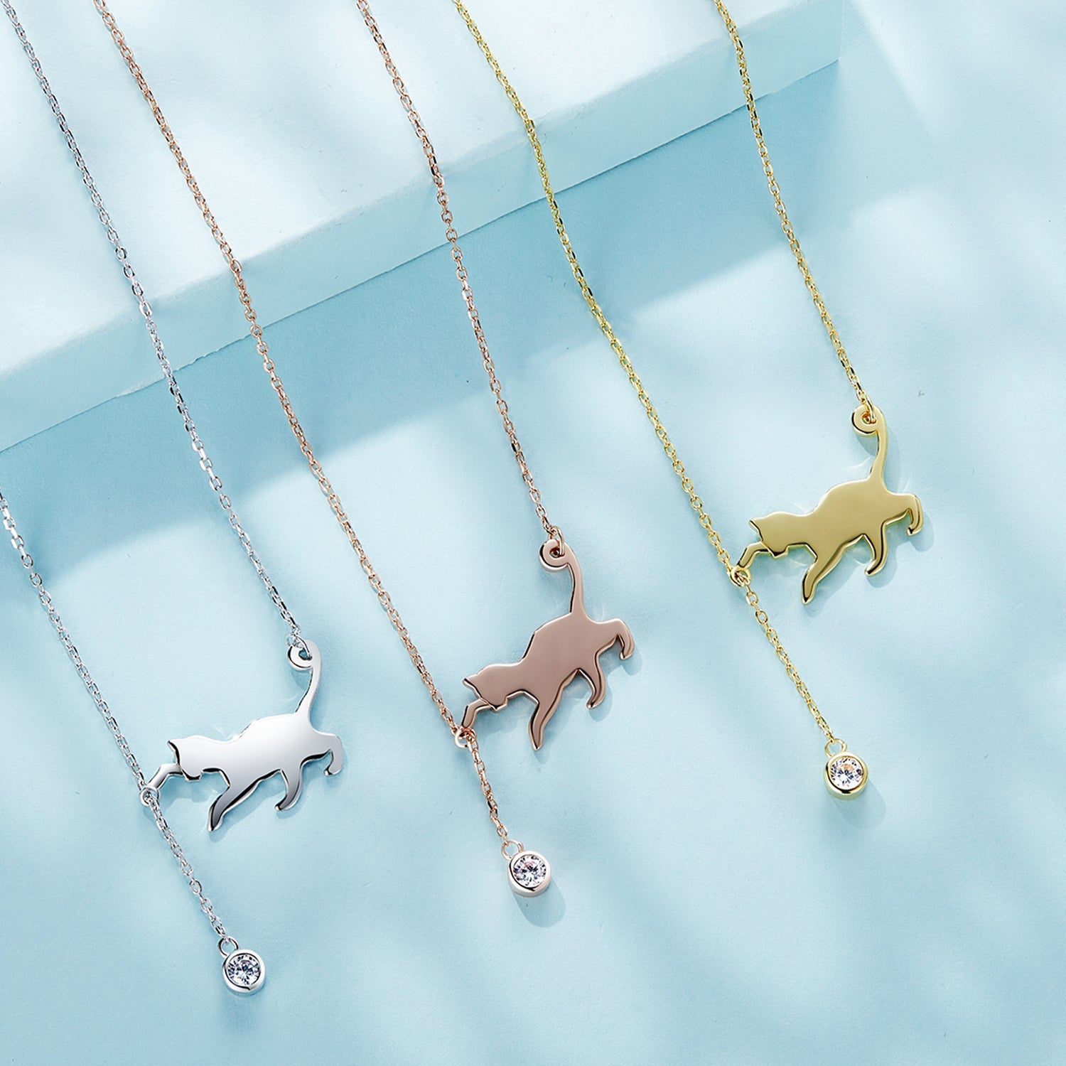 Silver Necklace Playful Cat Pendant CZ Necklace with Lobster Clasp For Sale - sursenso Necklaces