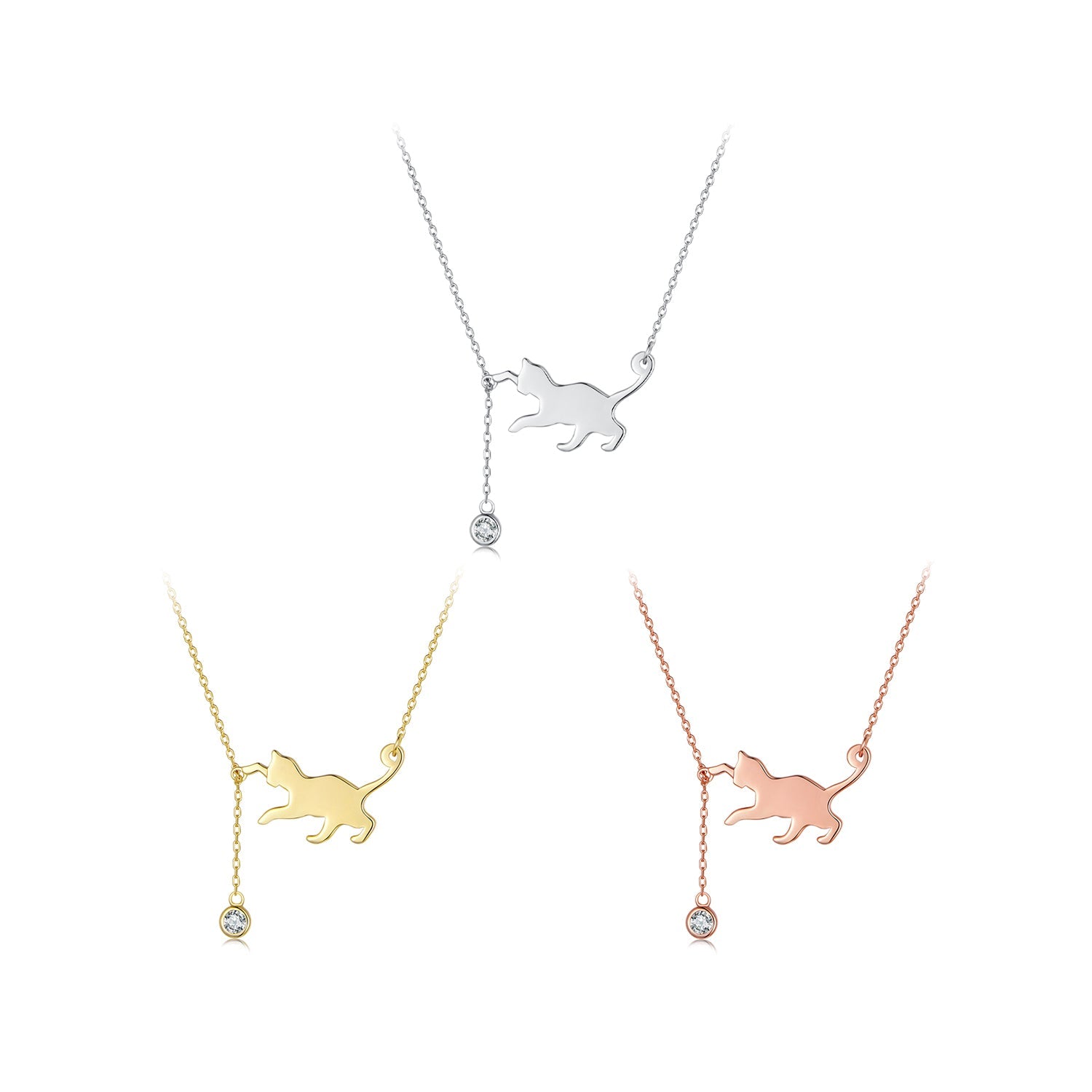 Silver Necklace Playful Cat Pendant CZ Necklace with Lobster Clasp For Sale - sursenso Necklaces