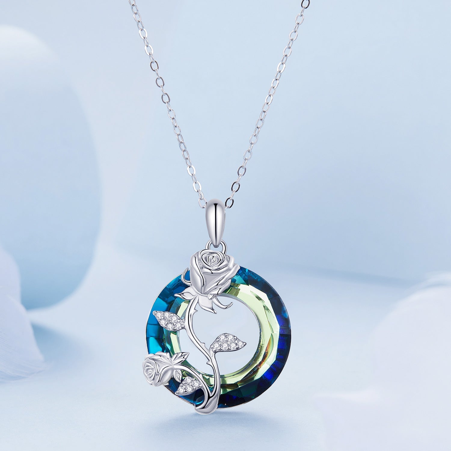 Silver Necklace Ring of Angels CZ Rose with Lobster Clasp For Sale - sursenso Necklaces