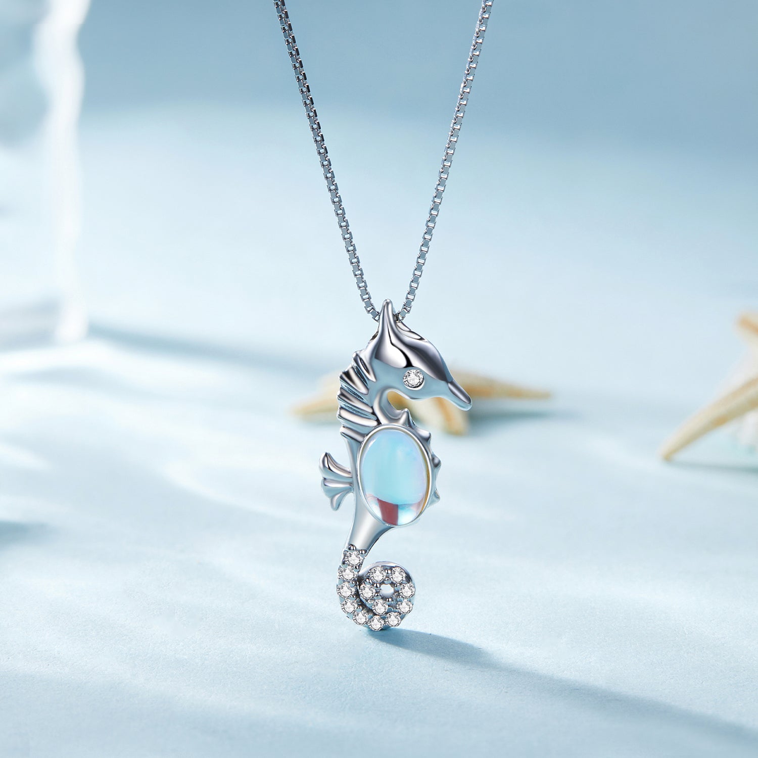 Silver Necklace Seahorse Moonstone CZ Pendant with Lobster Clasp For Sale - sursenso Necklaces