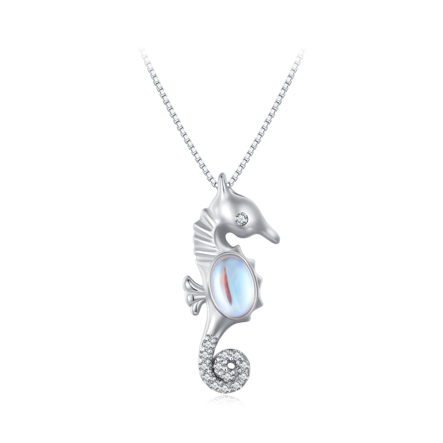 Silver Necklace Seahorse Moonstone CZ Pendant with Lobster Clasp For Sale - sursenso Necklaces