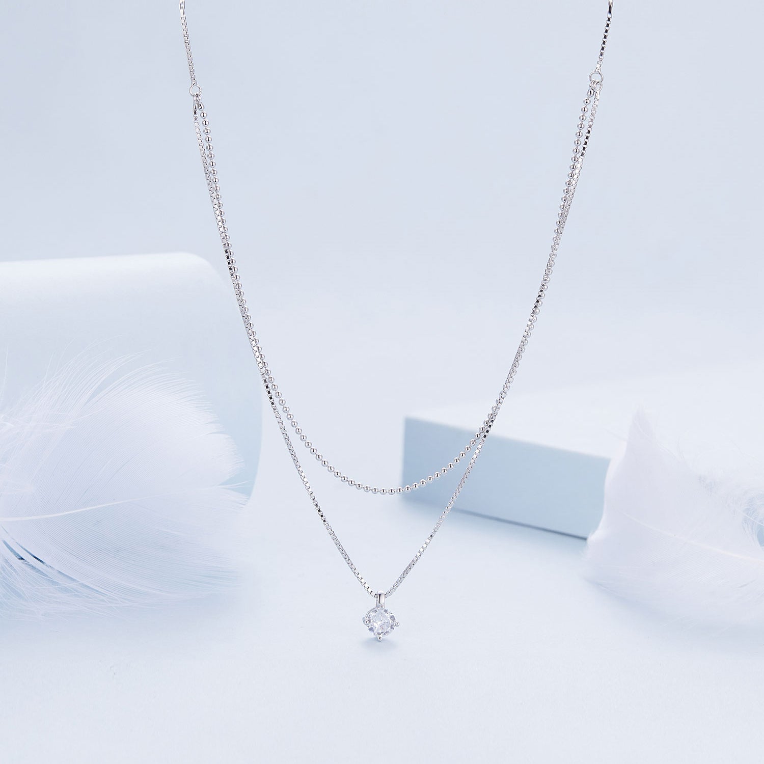 Silver Necklace Shining Double Layer CZ Pendant with Lobster Clasp For Sale - sursenso Necklaces