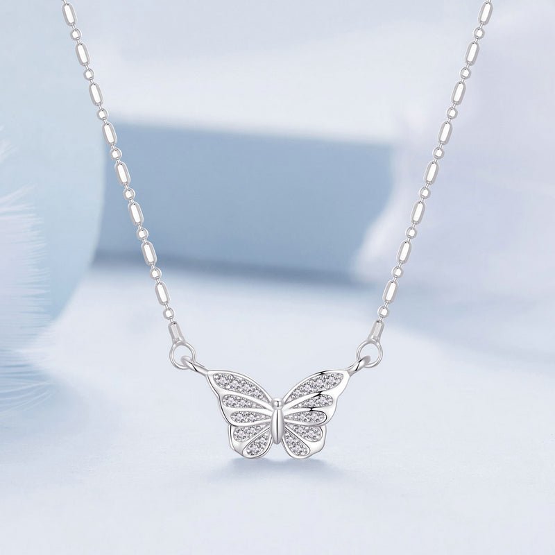 Silver Necklace Spiritual Butterfly CZ Pendant with Lobster Clasp Adjustable For Sale - sursenso Necklaces