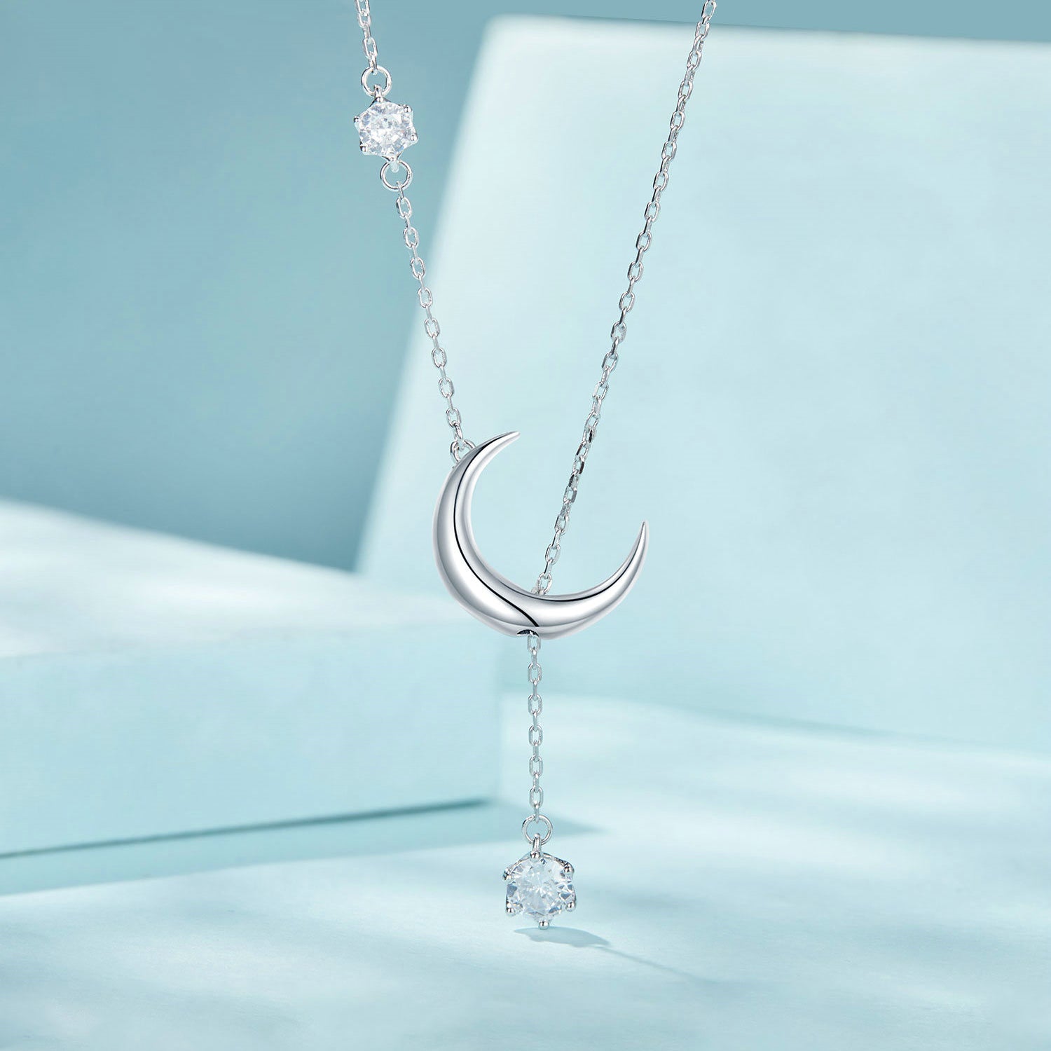 Silver Necklace Y - ShapeMoon CZ Pendant with Lobster Clasp For Sale - sursenso Necklaces
