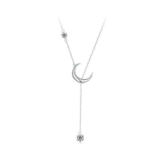 Silver Necklace Y - ShapeMoon CZ Pendant with Lobster Clasp For Sale - sursenso Necklaces