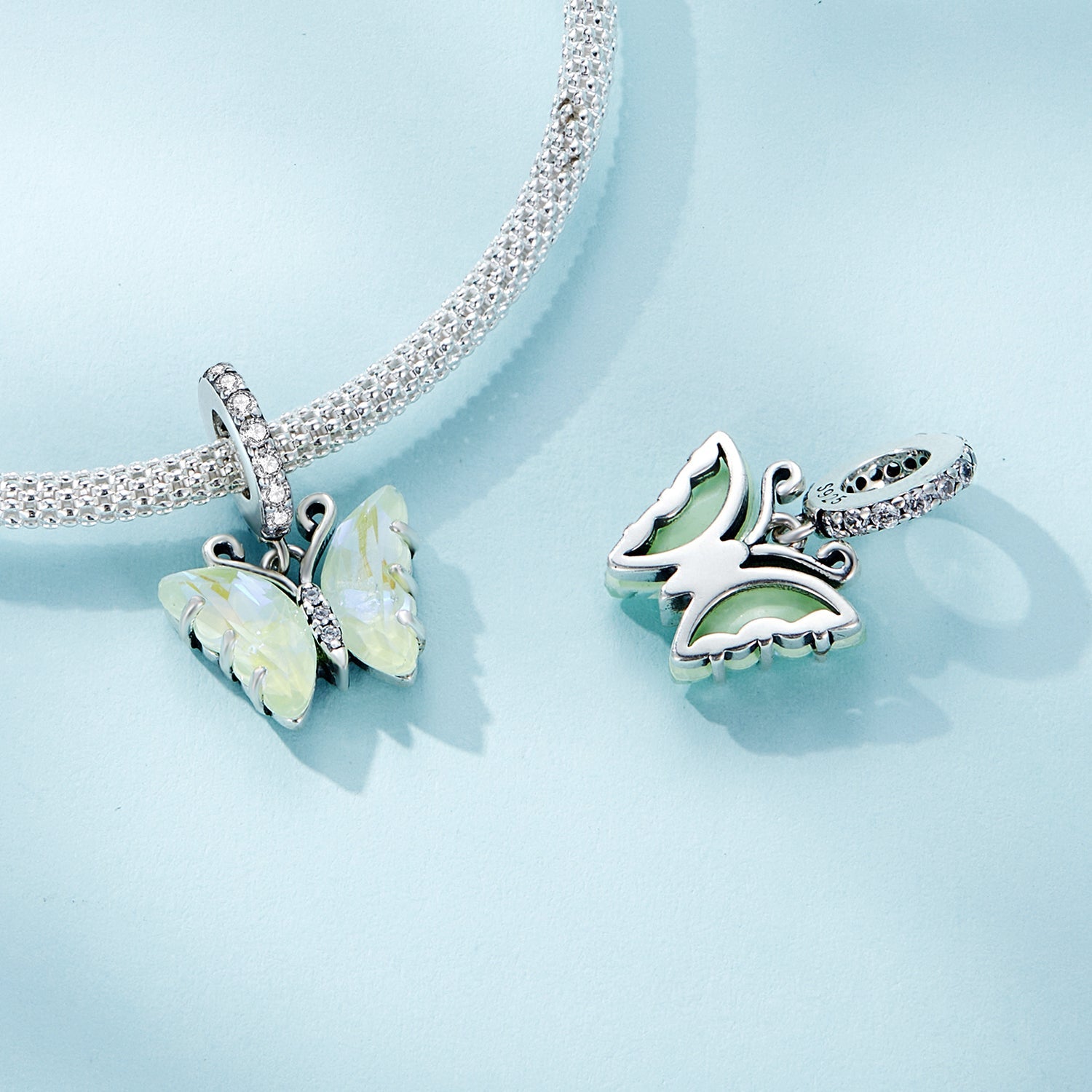 Silver Pendant Aurora Green Butterfly CZ Dangle Charm For Sale - sursenso Pendant