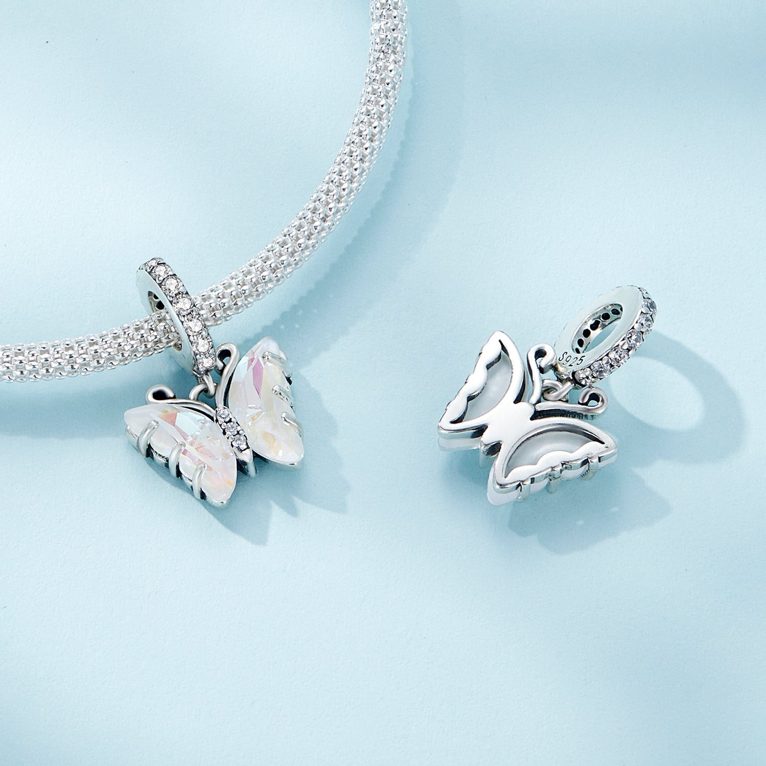 Silver Pendant Aurora Pink Butterfly CZ Dangle Charm For Sale - sursenso Pendant