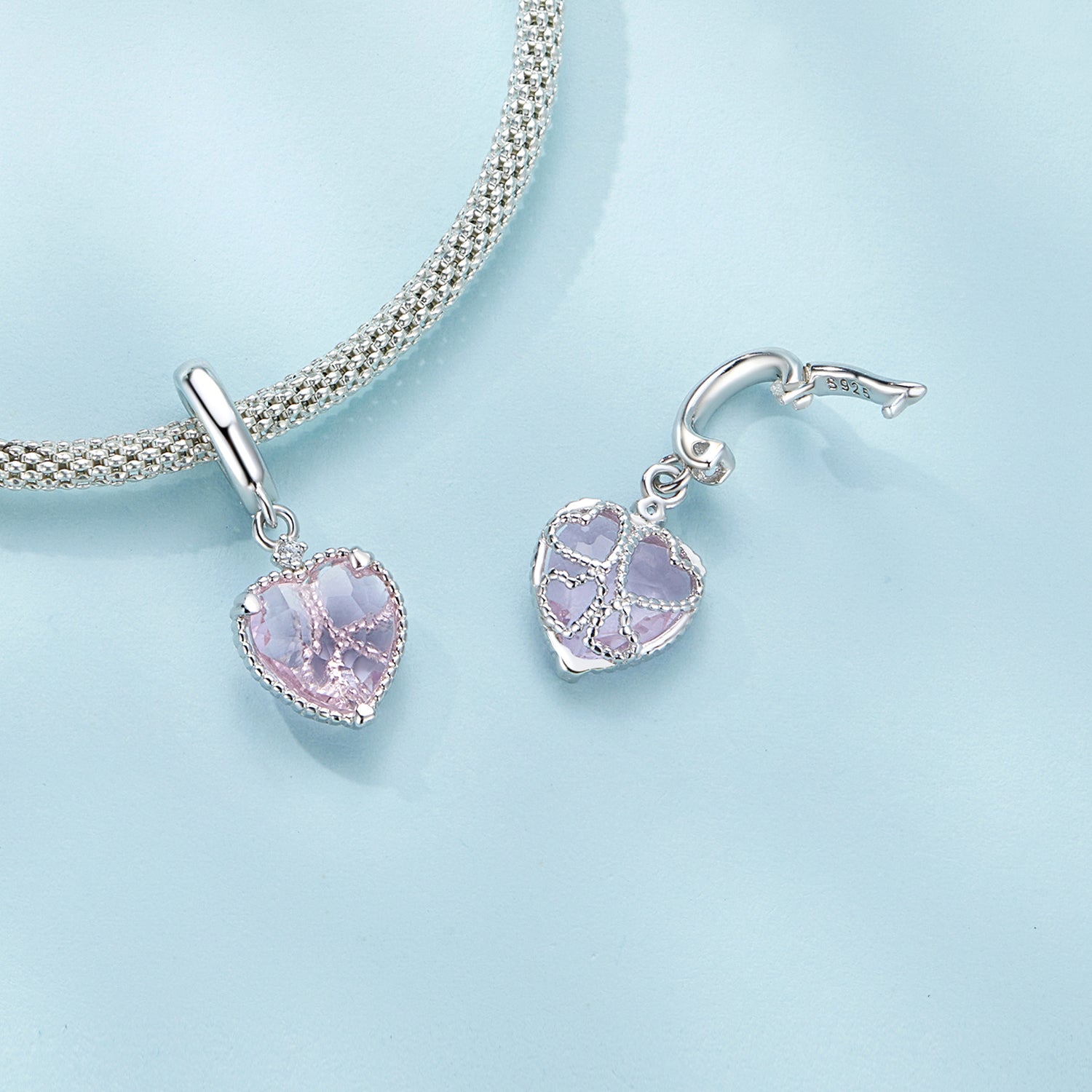 Silver Pendant Baby Pink Heart Glass Dangle Charm For Sale - sursenso Pendant