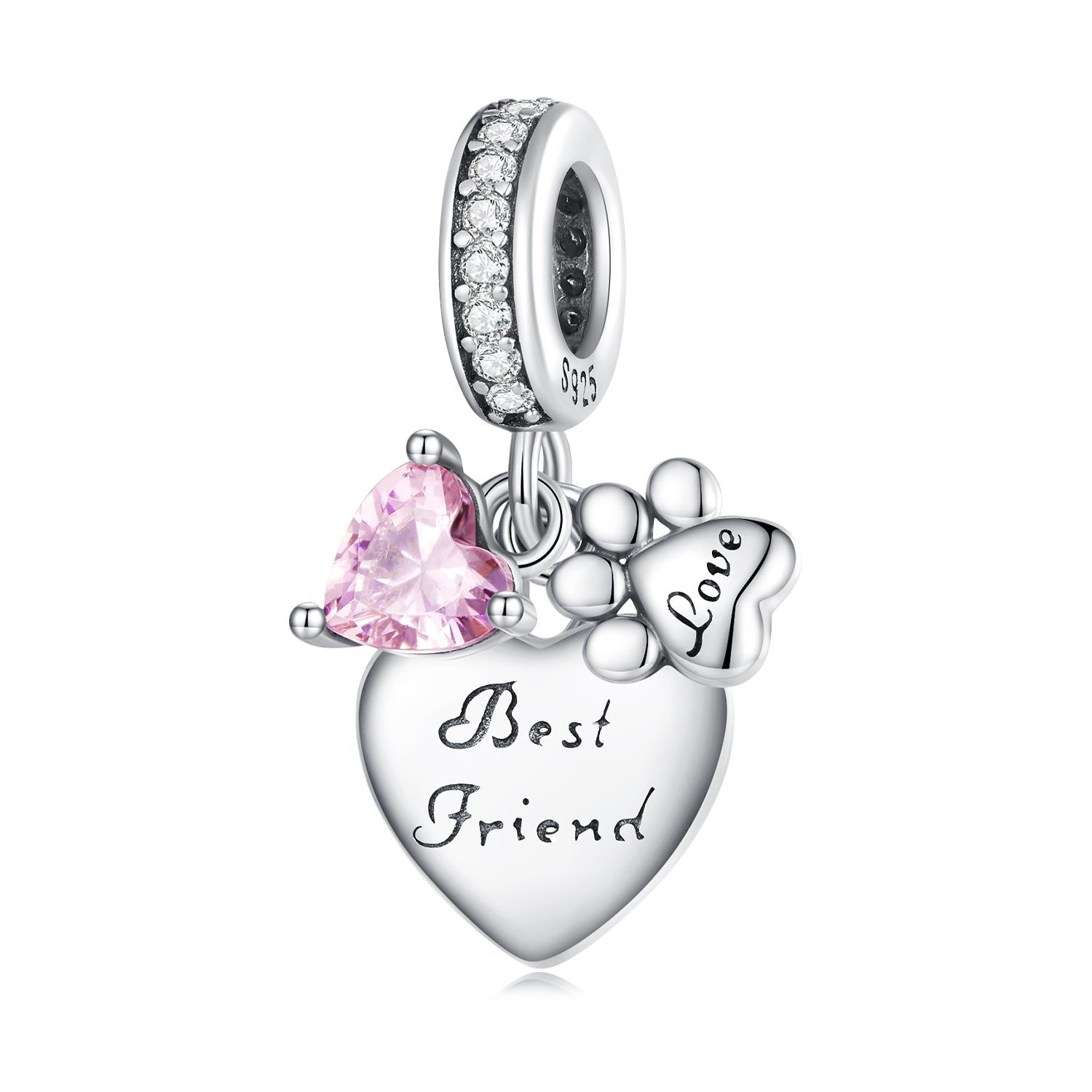 Silver Pendant Best Friend Love Paw Pink CZ Dangle Charm For Sale - sursenso Pendant