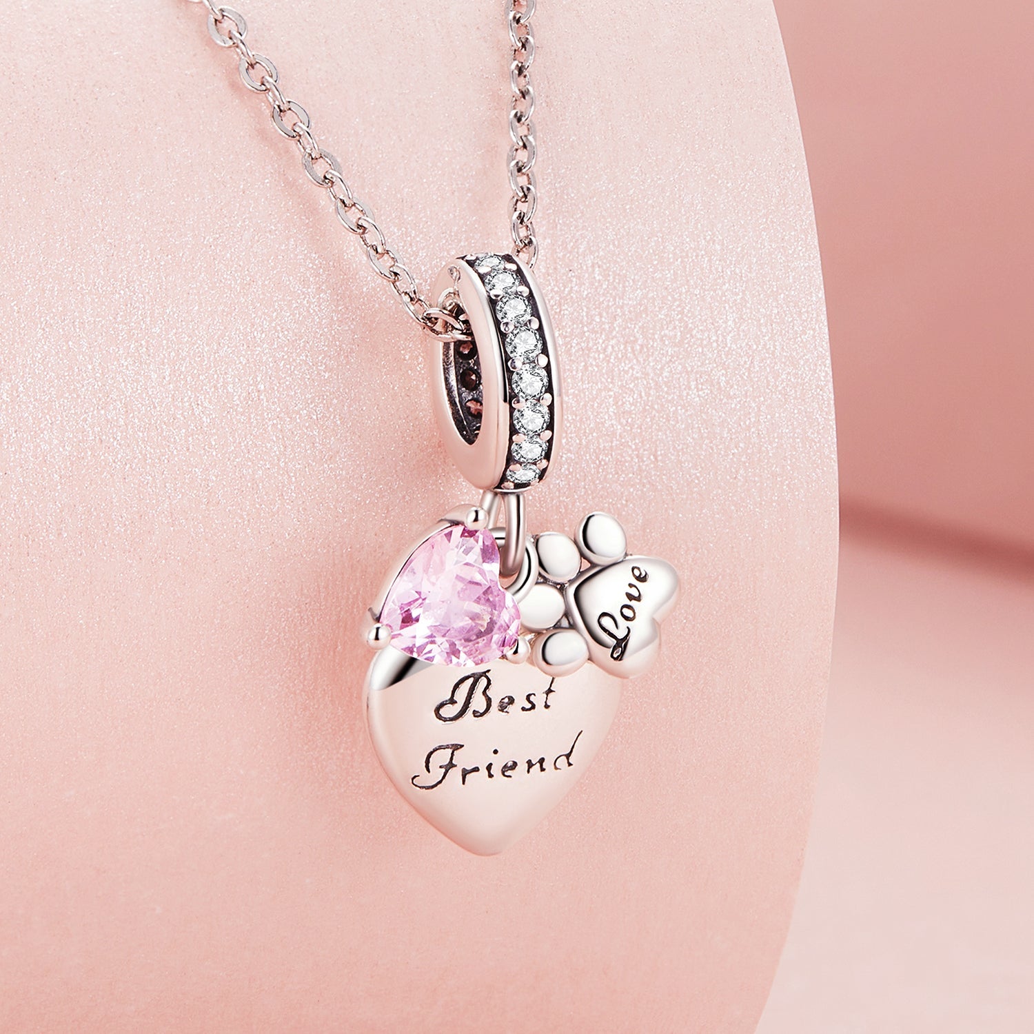 Silver Pendant Best Friend Love Paw Pink CZ Dangle Charm For Sale - sursenso Pendant