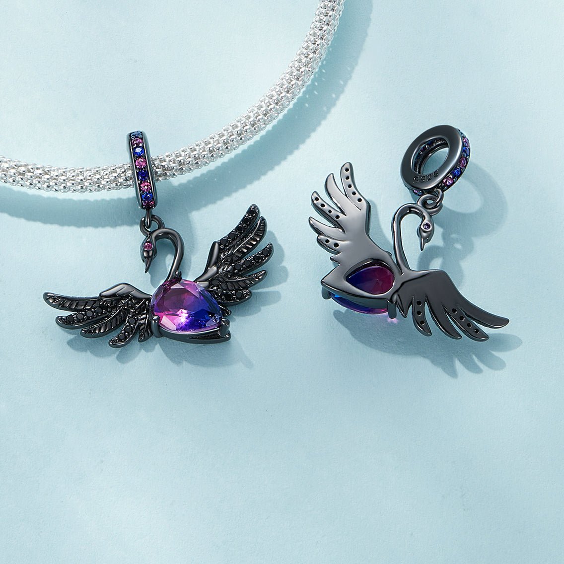 Silver Pendant Black Swan Pink CZ Dangle Charm For Sale - sursenso Pendant