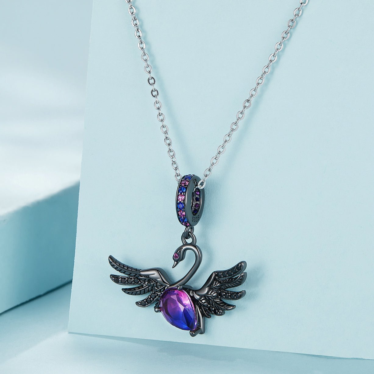 Silver Pendant Black Swan Pink CZ Dangle Charm For Sale - sursenso Pendant