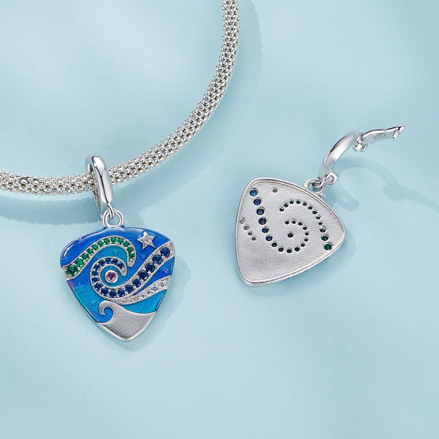 Silver Pendant Blue Guitar Pick CZ Dangle Charm For Sale - sursenso Pendant