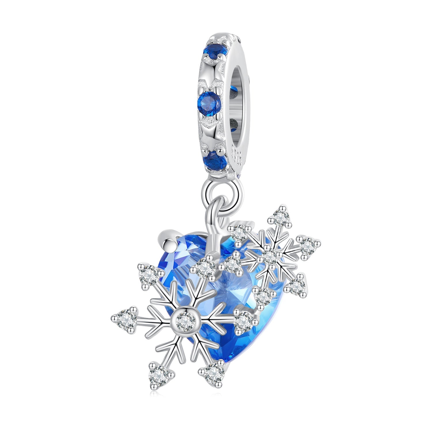 Silver Pendant Blue Heart Inlaid With Snowflakes CZ Dangle Charm For Sale - sursenso Pendant