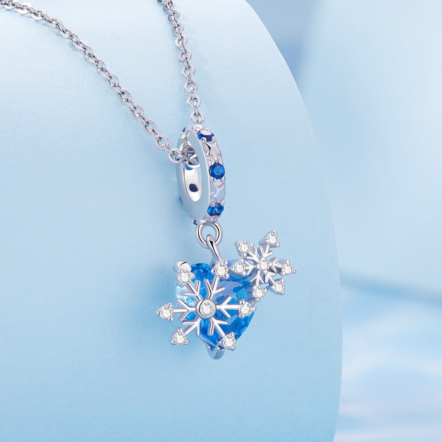 Silver Pendant Blue Heart Inlaid With Snowflakes CZ Dangle Charm For Sale - sursenso Pendant