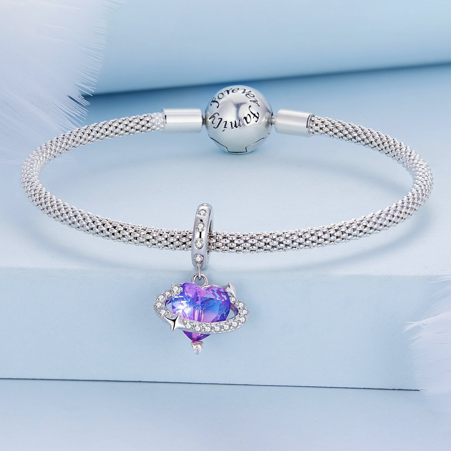 Silver Pendant Blue Heart Shaped Planet CZ Dangle Charm For Sale - sursenso Pendant