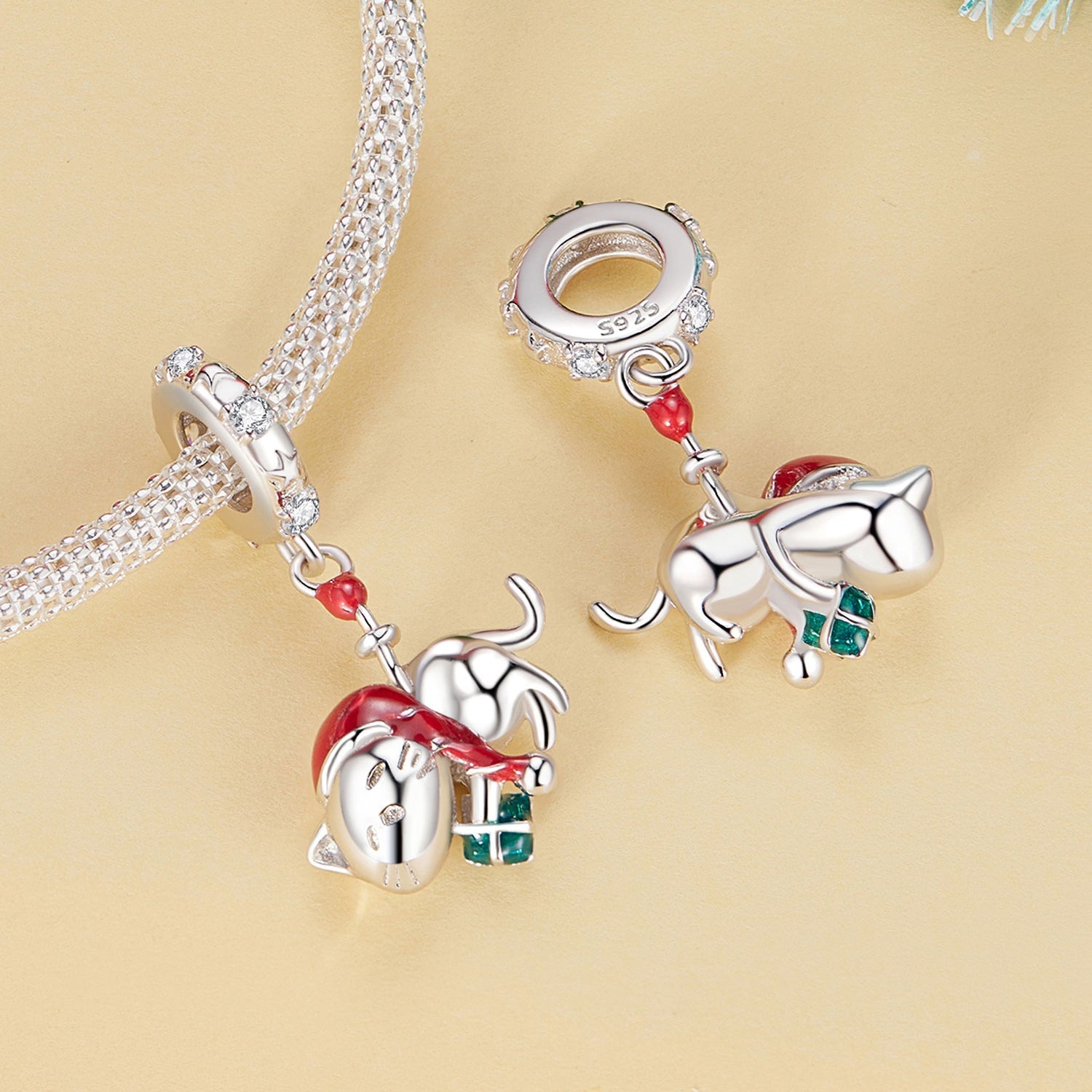 Silver Pendant Christmas Cat CZ Dangle Charm For Sale - sursenso Pendant