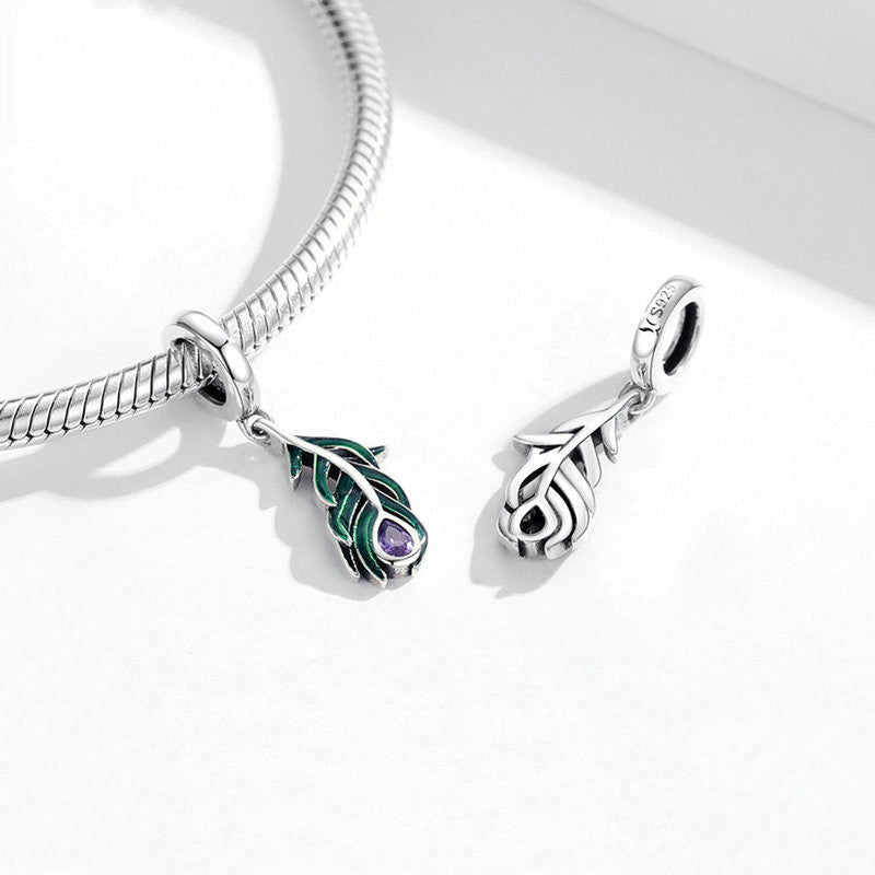 Silver Pendant Crystal Peacock Feather CZ Dangle Charm For Sale - sursenso Pendant