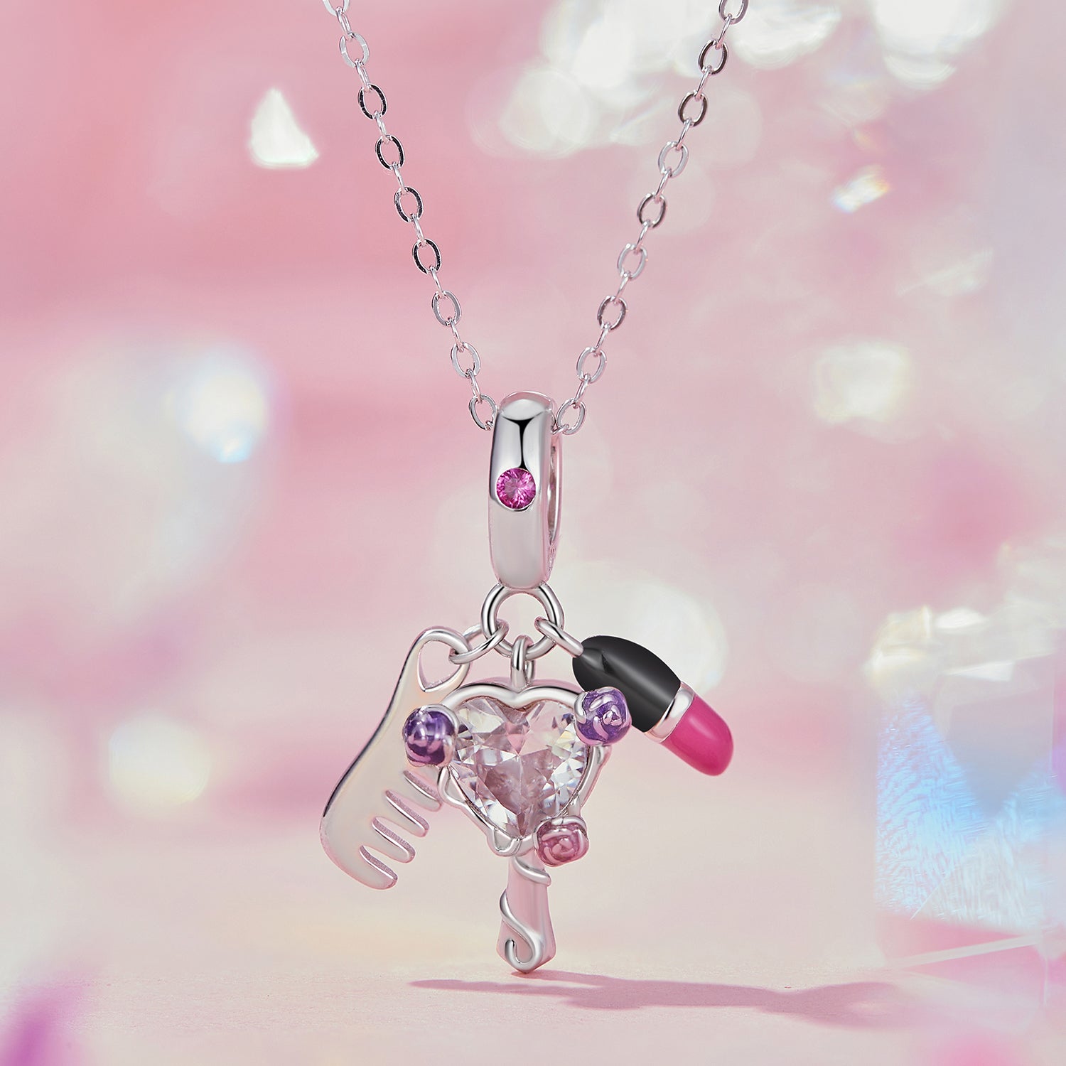 Silver Pendant Dress Up Comb Lipstick Mirror CZ Dangle Charm For Sale - sursenso Pendant