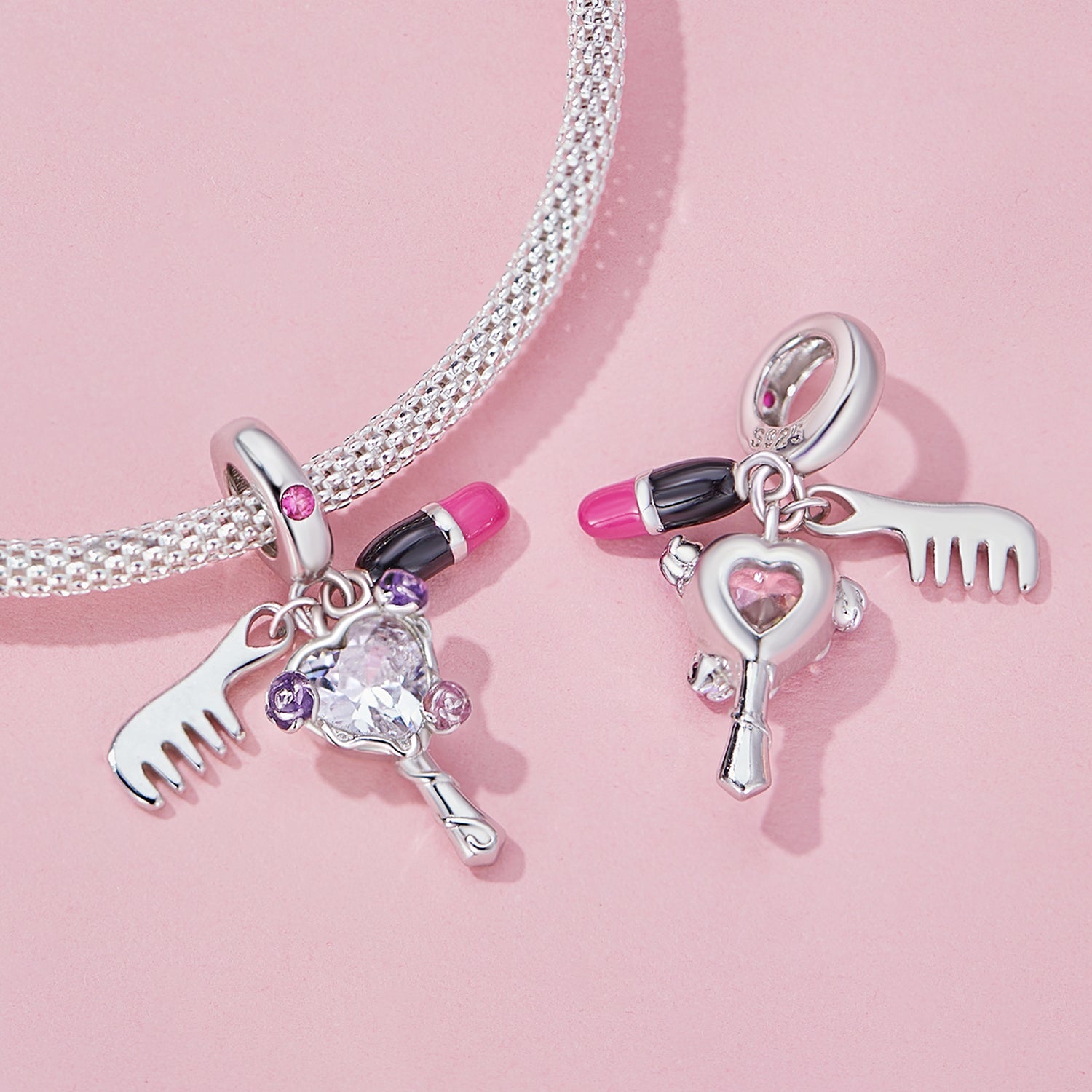 Silver Pendant Dress Up Comb Lipstick Mirror CZ Dangle Charm For Sale - sursenso Pendant