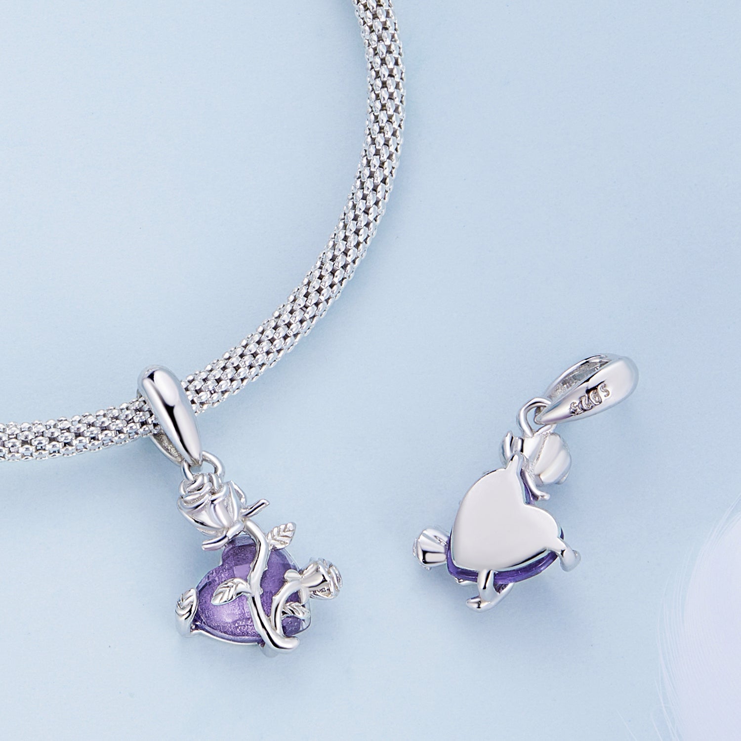 Silver Pendant Elegance Rose Purple Heart CZ Dangle Charm For Sale - sursenso Pendant