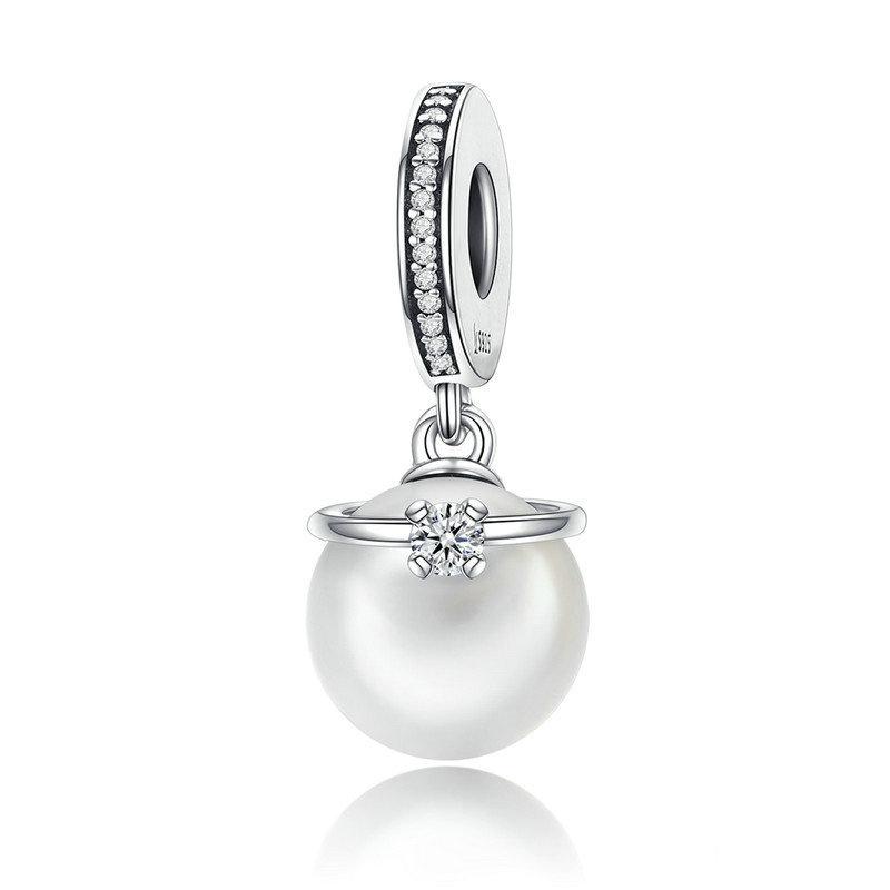 Silver Pendant Elegant Pearl and Clear Crown CZ Dangle Charm For Sale - sursenso Pendant