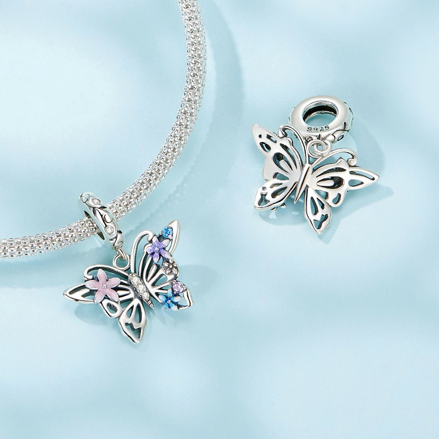 Silver Pendant Flower Hollow Butterfly CZ Dangle Charm For Sale - sursenso Pendant
