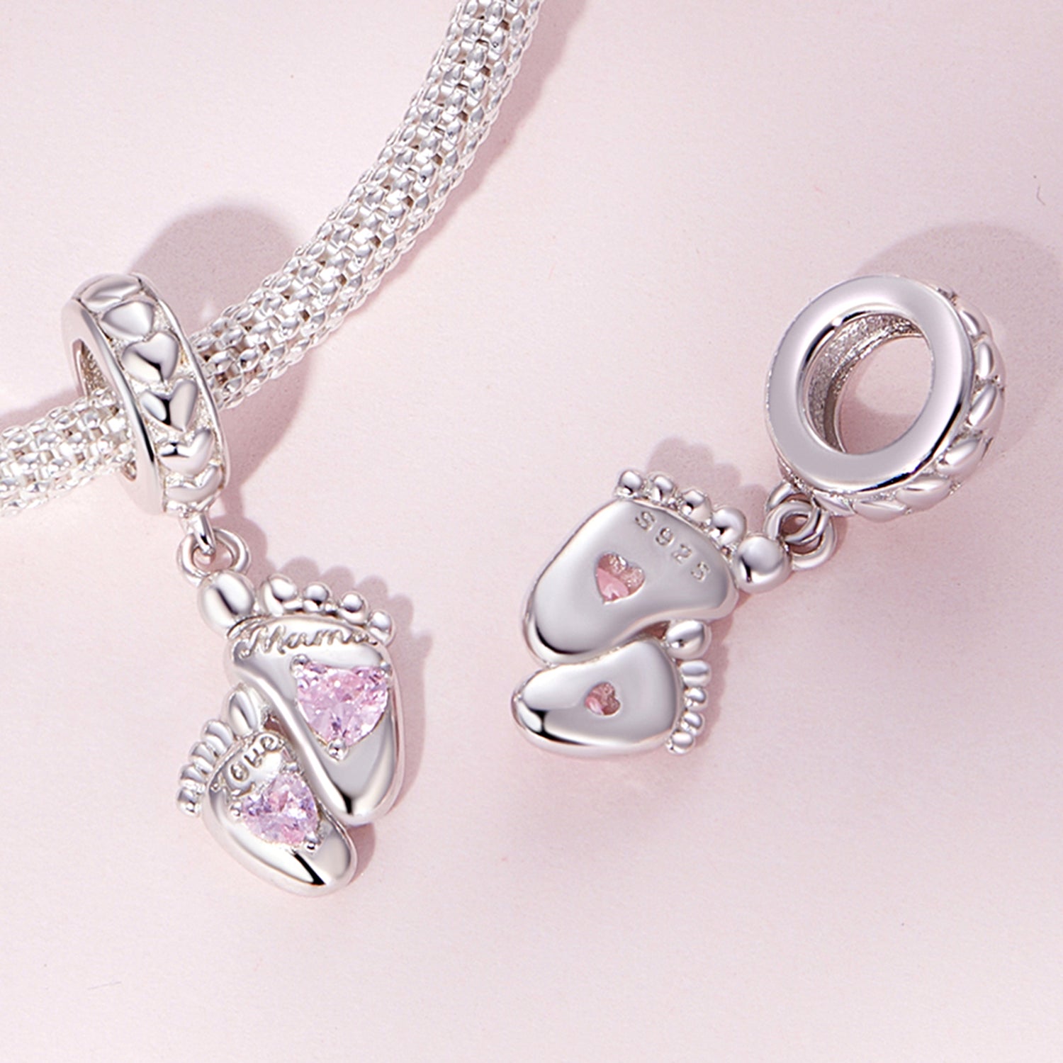 Silver Pendant Footprints of Mama Love Pink CZ Dangle Charm For Sale - sursenso Pendant