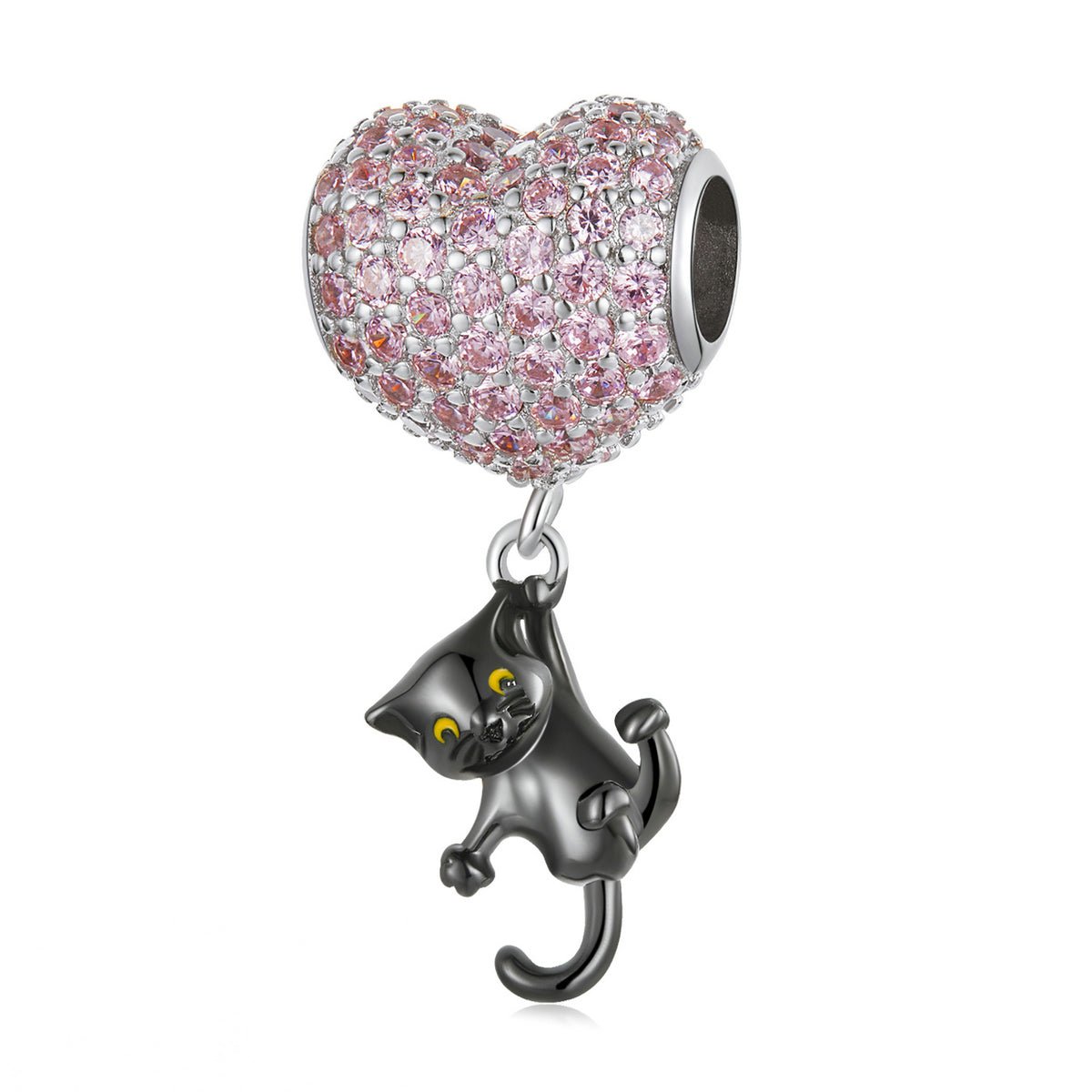 Silver Pendant Heart Balloon & Black Cat CZ Dangle Charm For Sale - sursenso Pendant