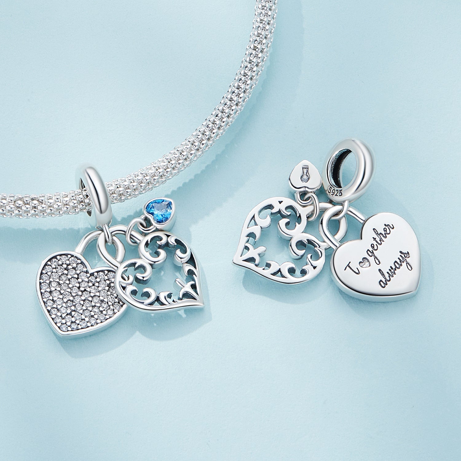 Silver Pendant Heart Lock Blue CZ Dangle Charm For Sale - sursenso Pendant