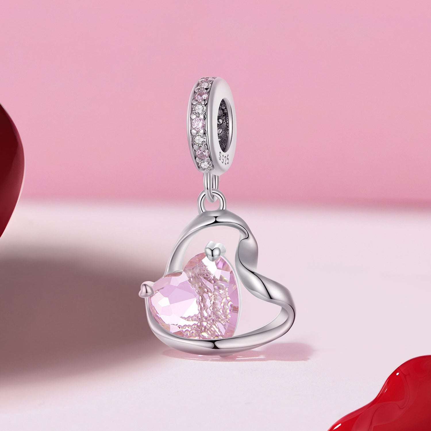 Silver Pendant Heart Ribbon CZ Dangle Charm For Sale - sursenso Pendant