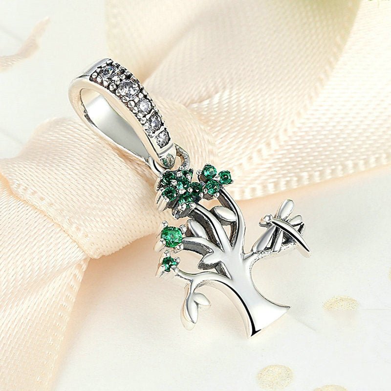 Silver Pendant Life Tree with Green CZ Dangle Charm For Sale - sursenso Pendant