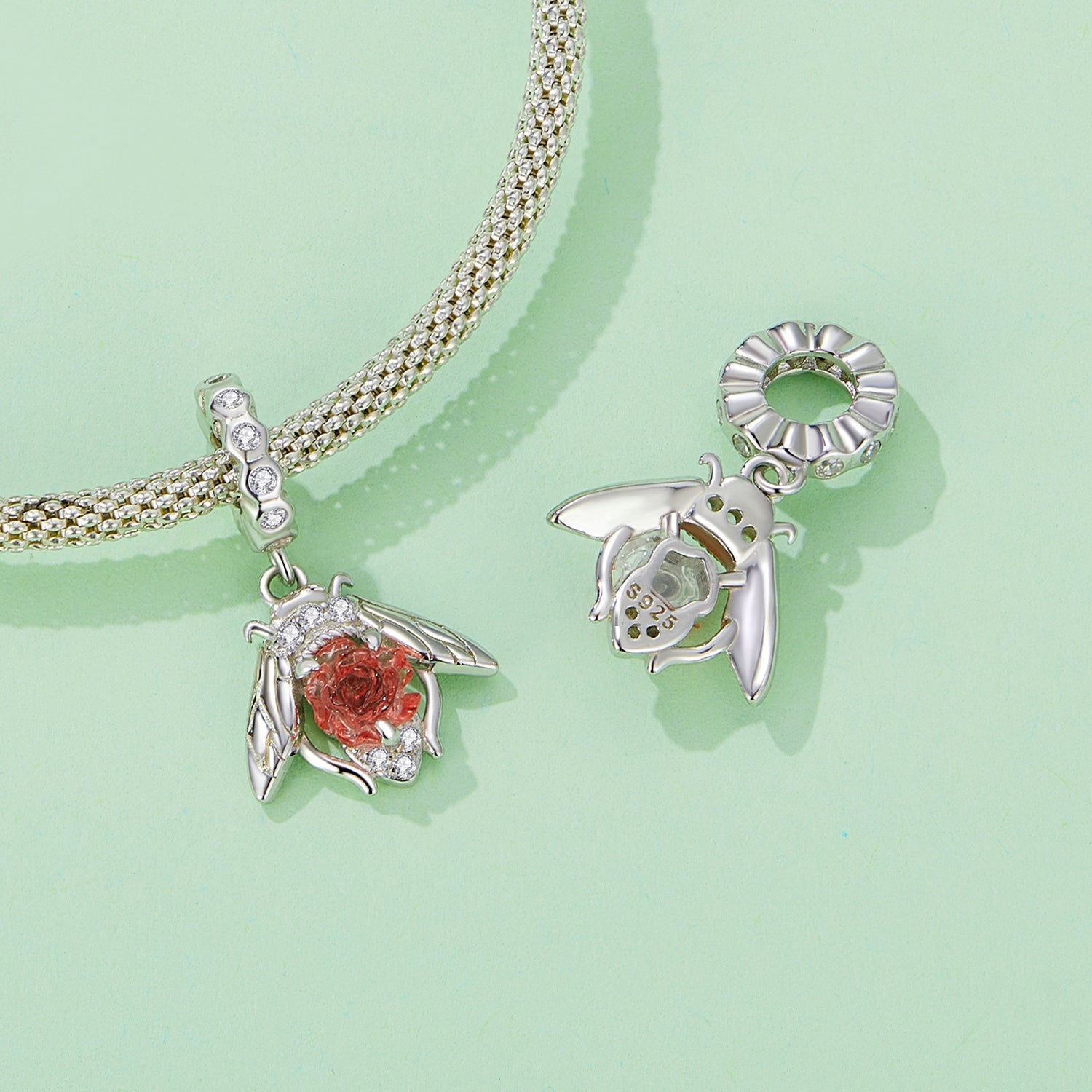 Silver Pendant Light Sense Bee Rose CZ Dangle Charm For Sale - sursenso Pendant