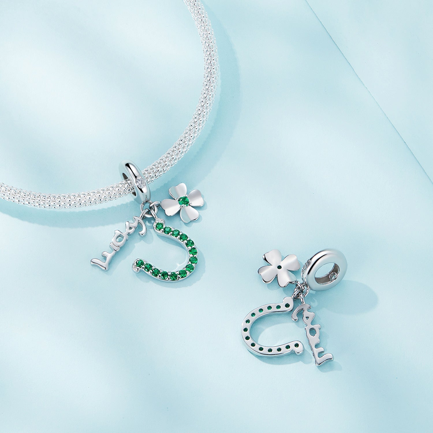 Silver Pendant Lucky Four Leaf Clover Horseshoe CZ Dangle Charm For Sale - sursenso Pendant