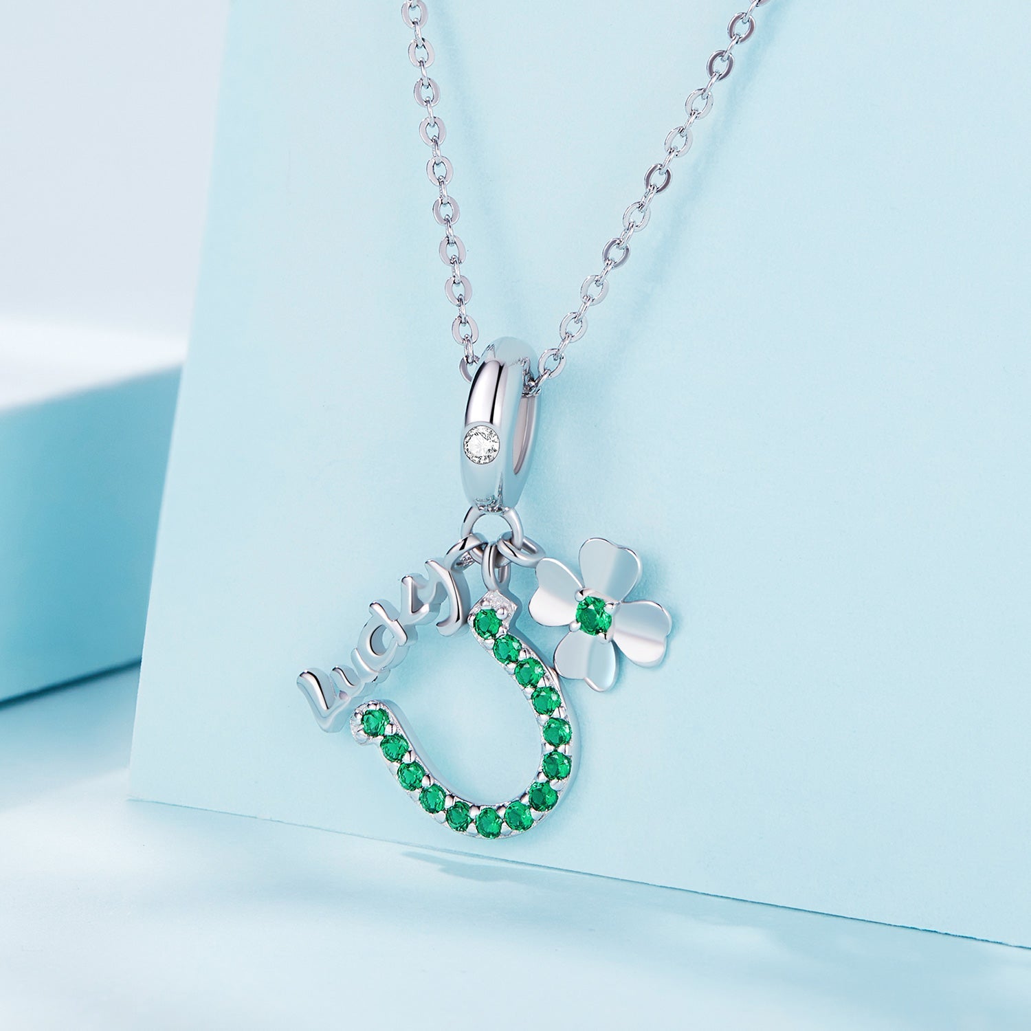 Silver Pendant Lucky Four Leaf Clover Horseshoe CZ Dangle Charm For Sale - sursenso Pendant