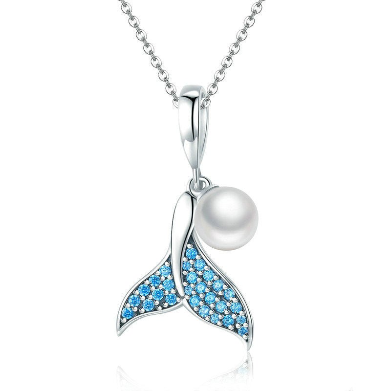 Silver Pendant Mermaid's Tail Pearl Drop CZ Dangle Charm For Sale - sursenso Pendant