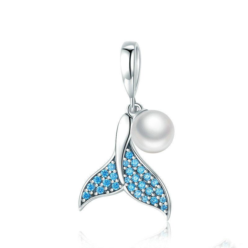 Silver Pendant Mermaid's Tail Pearl Drop CZ Dangle Charm For Sale - sursenso Pendant