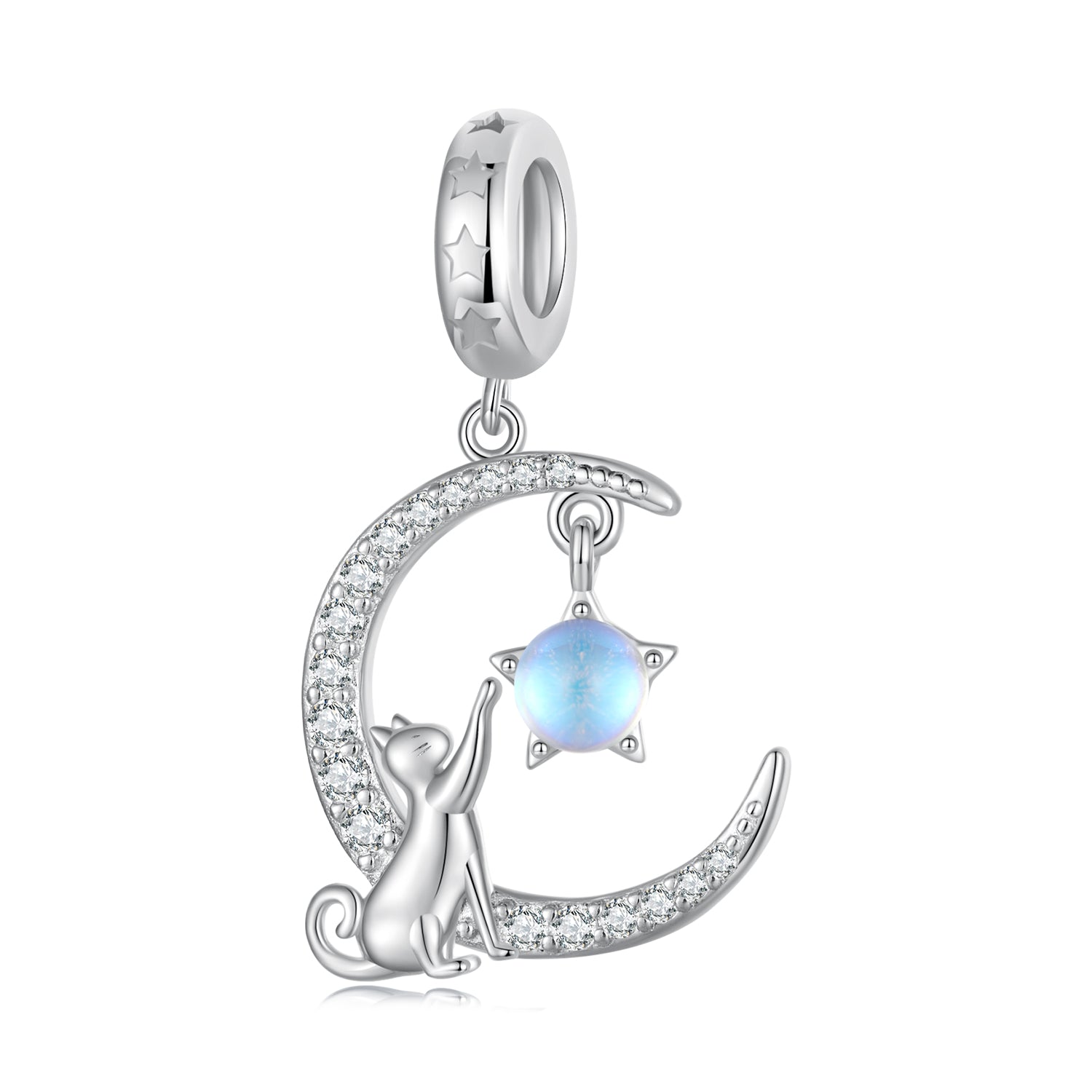 Silver Pendant Moon Cat Reaches the Stars CZ Dangle Charm For Sale - sursenso Pendant