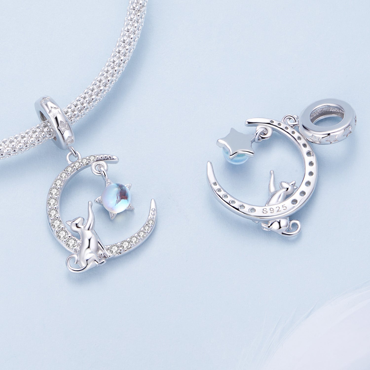 Silver Pendant Moon Cat Reaches the Stars CZ Dangle Charm For Sale - sursenso Pendant