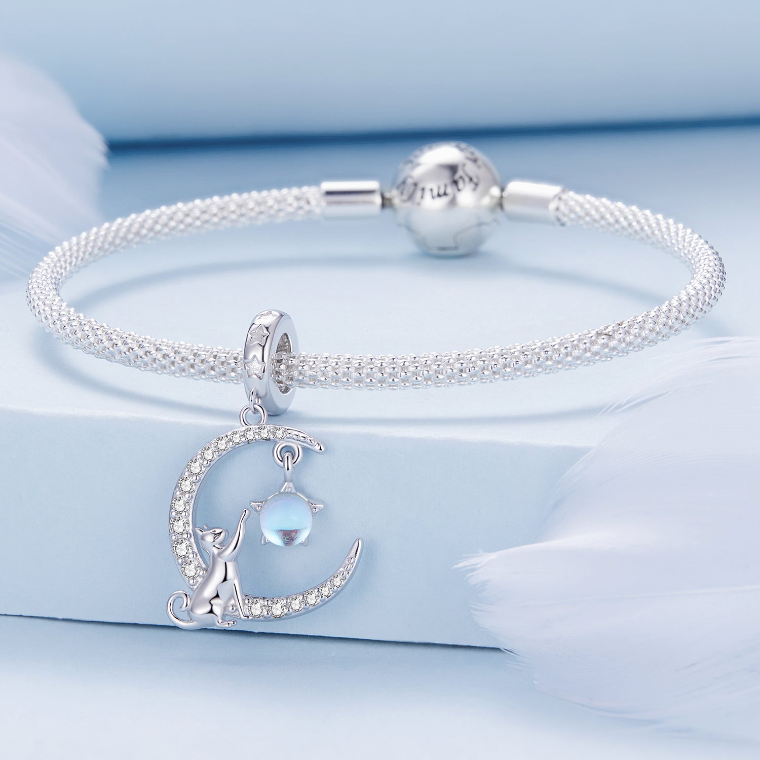 Silver Pendant Moon Cat Reaches the Stars CZ Dangle Charm For Sale - sursenso Pendant