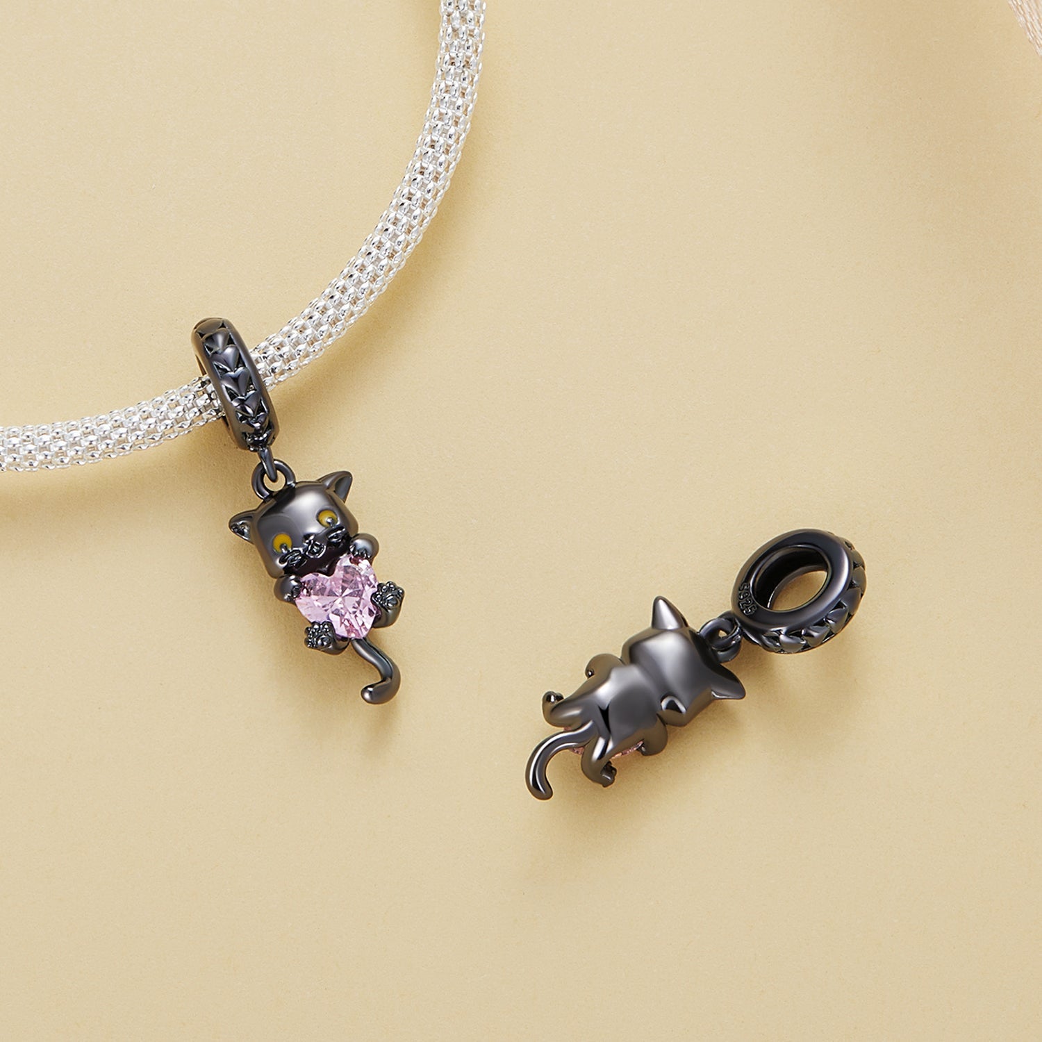 Silver Pendant Naughty Little Black Cat Pink CZ Dangle Charm For Sale - sursenso Pendant