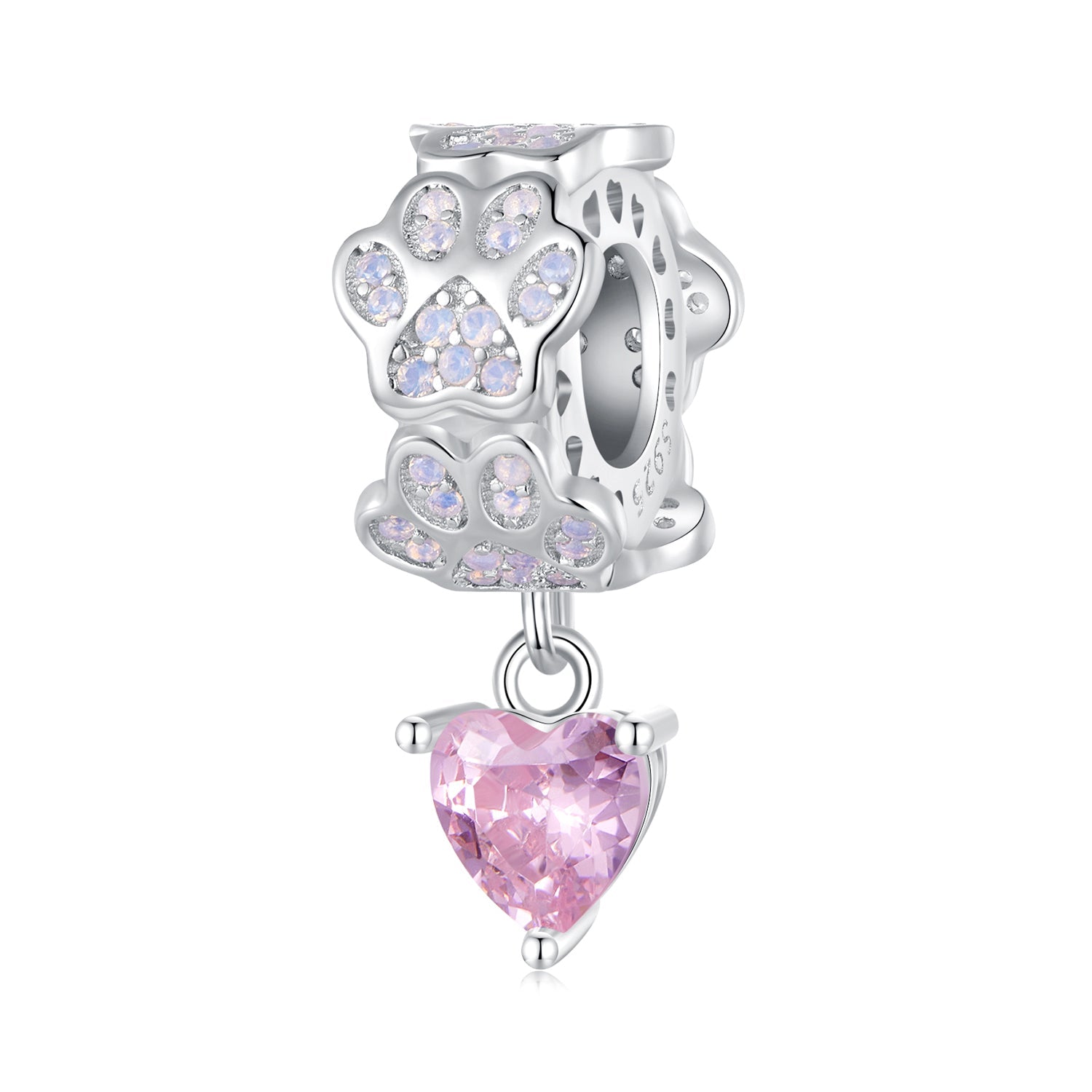 Silver Pendant Paw Print Pink Heart CZ Dangle Charm For Sale - sursenso Pendant
